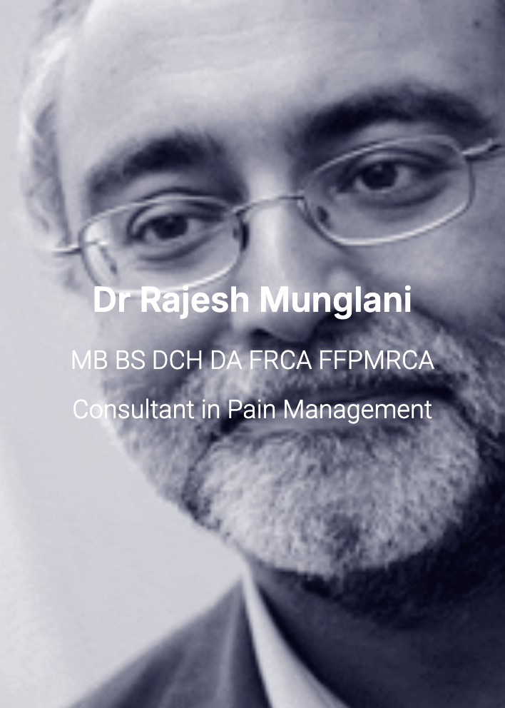 Black-and-white professional portrait of Dr. Rajesh Munglani with text overlay indicating his name, qualifications, and role as a consultant in pain management.