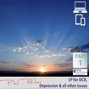 Sunset over a flat horizon with clouds and sun rays, part of a printed LP cover for OCD, depression, and other issues, titled 'Part 1' by Phil Parker.