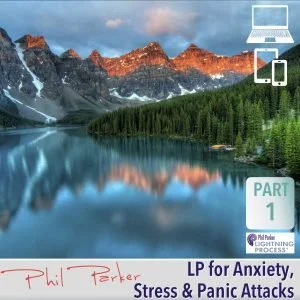 A mountain landscape with a lake and forest, overlaid with text and graphics related to a book cover titled 'LP for Anxiety, Stress & Panic Attacks' by Phil Parker.