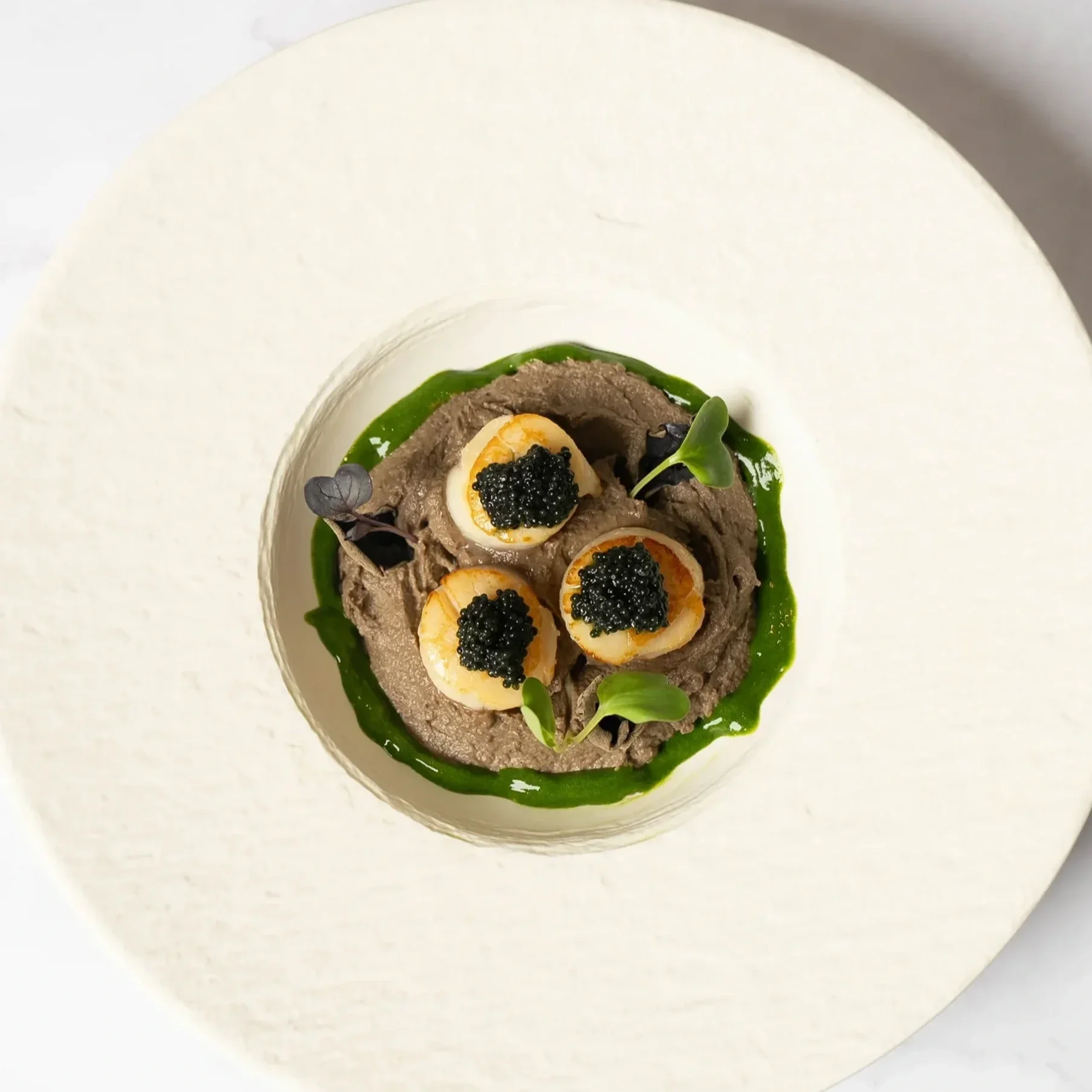 A plated dish featuring three scallops topped with black caviar, served on a bed of grayish purée, garnished with microgreens, with a green sauce around the edges on a white plate.