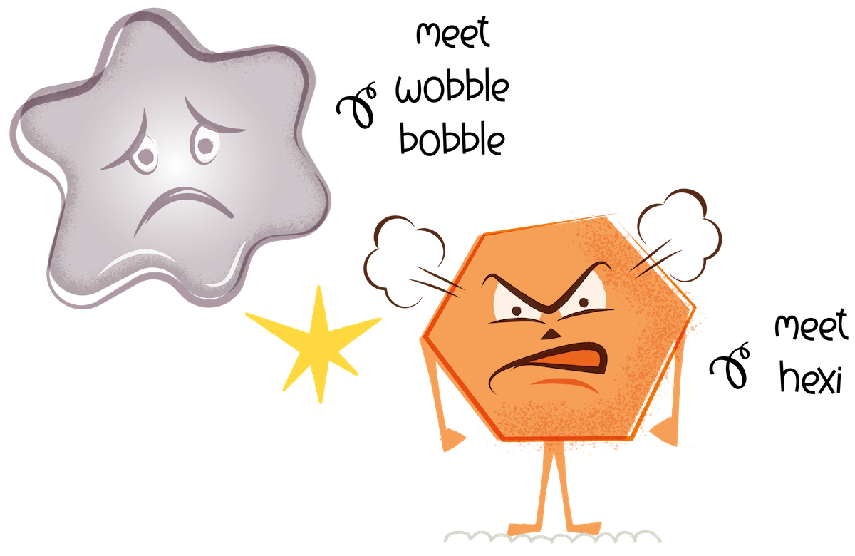 Meet Hexi -  a hexagon-shaped character with an angry expression, pointing angrily, and Wobble Bobble, who is a star-shaped character with a sad face and is always wobbly with his emotions.