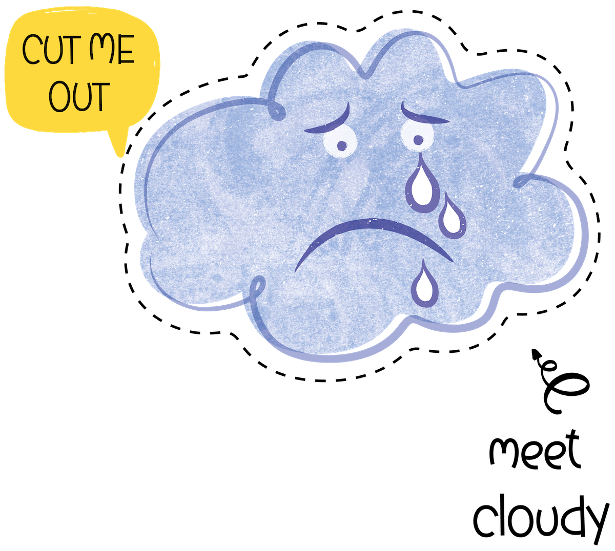 Meet Cloudy, who is a sad, gray cloud with teardrops and a distressed facial expression, with a yellow speech bubble saying 'CUT ME OUT'.