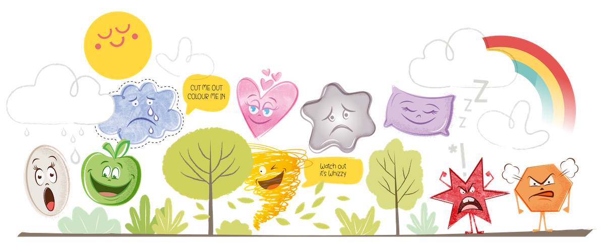 Cartoon scene of our Emoties characters with clouds, sun, rainbow, trees, and our colourful Emoties characters displaying their different emotions