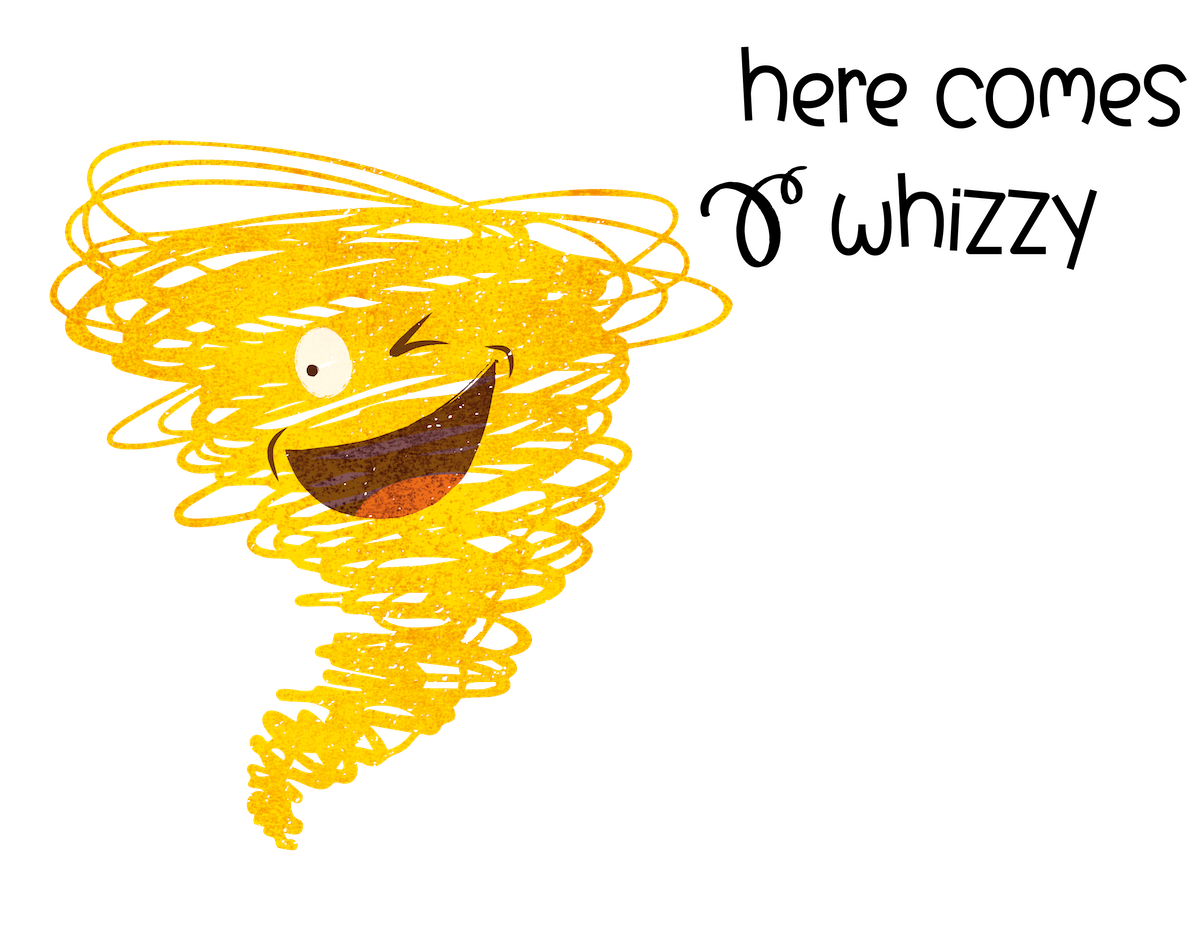 Meet Whizzy, a cartoon tornado with a smiling face, winking, and a wide open mouth, giving a playful expression -  always rushing around