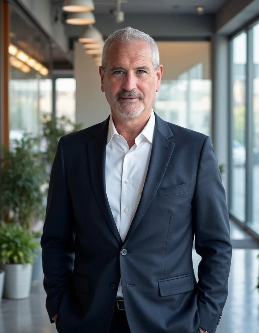 A middle-aged man with gray hair and beard wearing a dark suit and white dress shirt, standing in a modern office or conference area with large windows and potted plants.