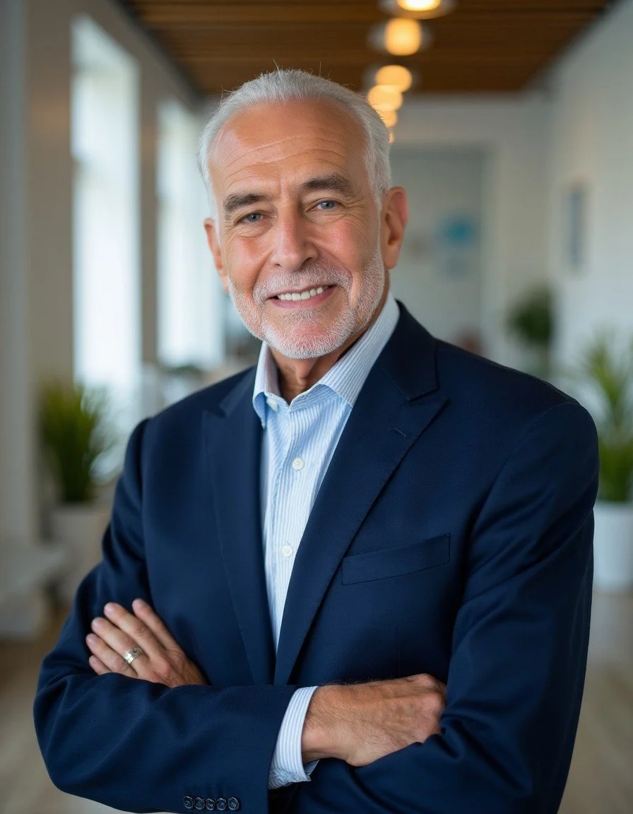 An older man with gray hair and a beard, smiling and wearing a blue suit and dress shirt, standing with arms crossed in a bright, modern office space.