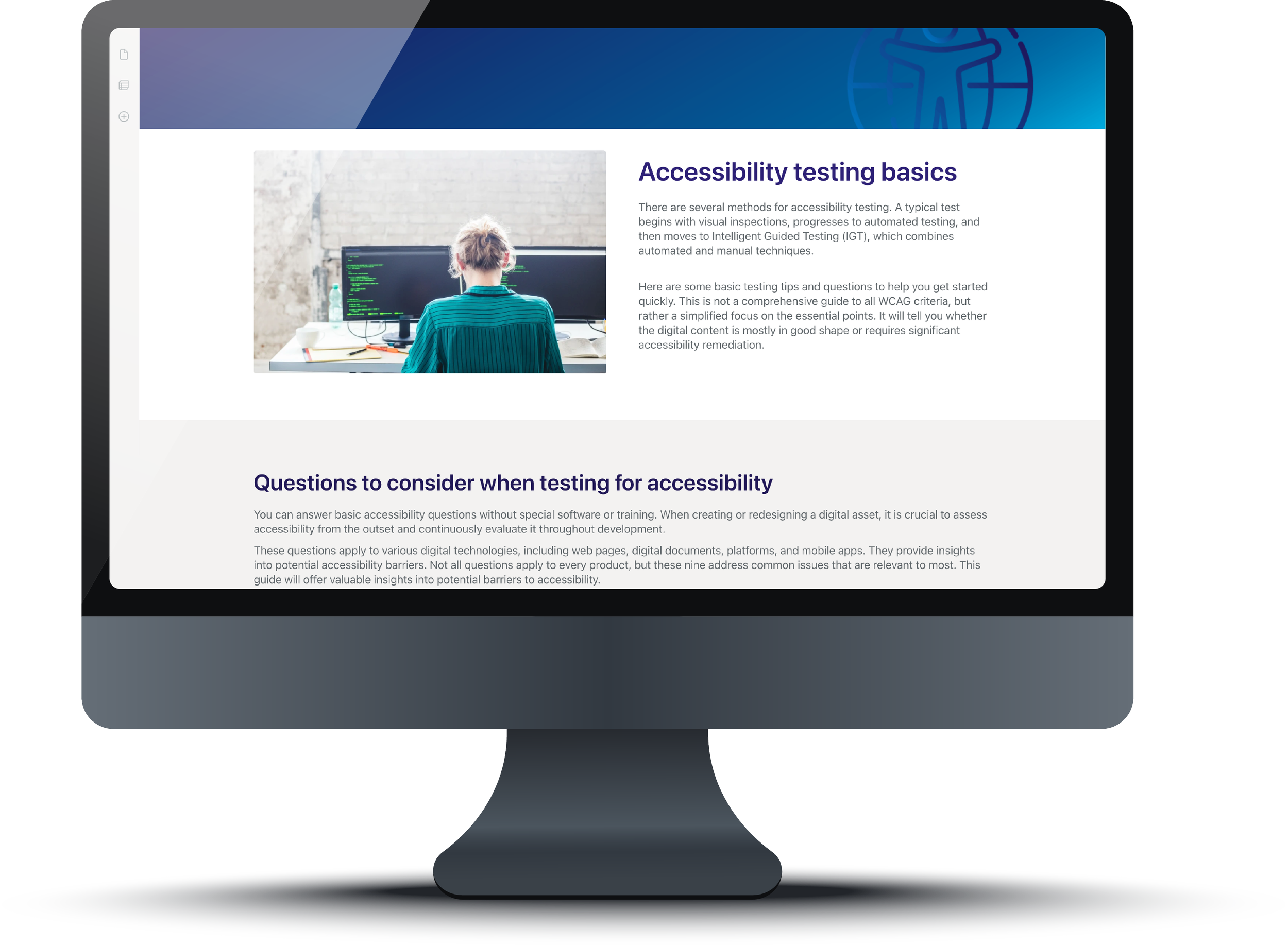 Desktop screen showing Accessibility Hub website page about testing