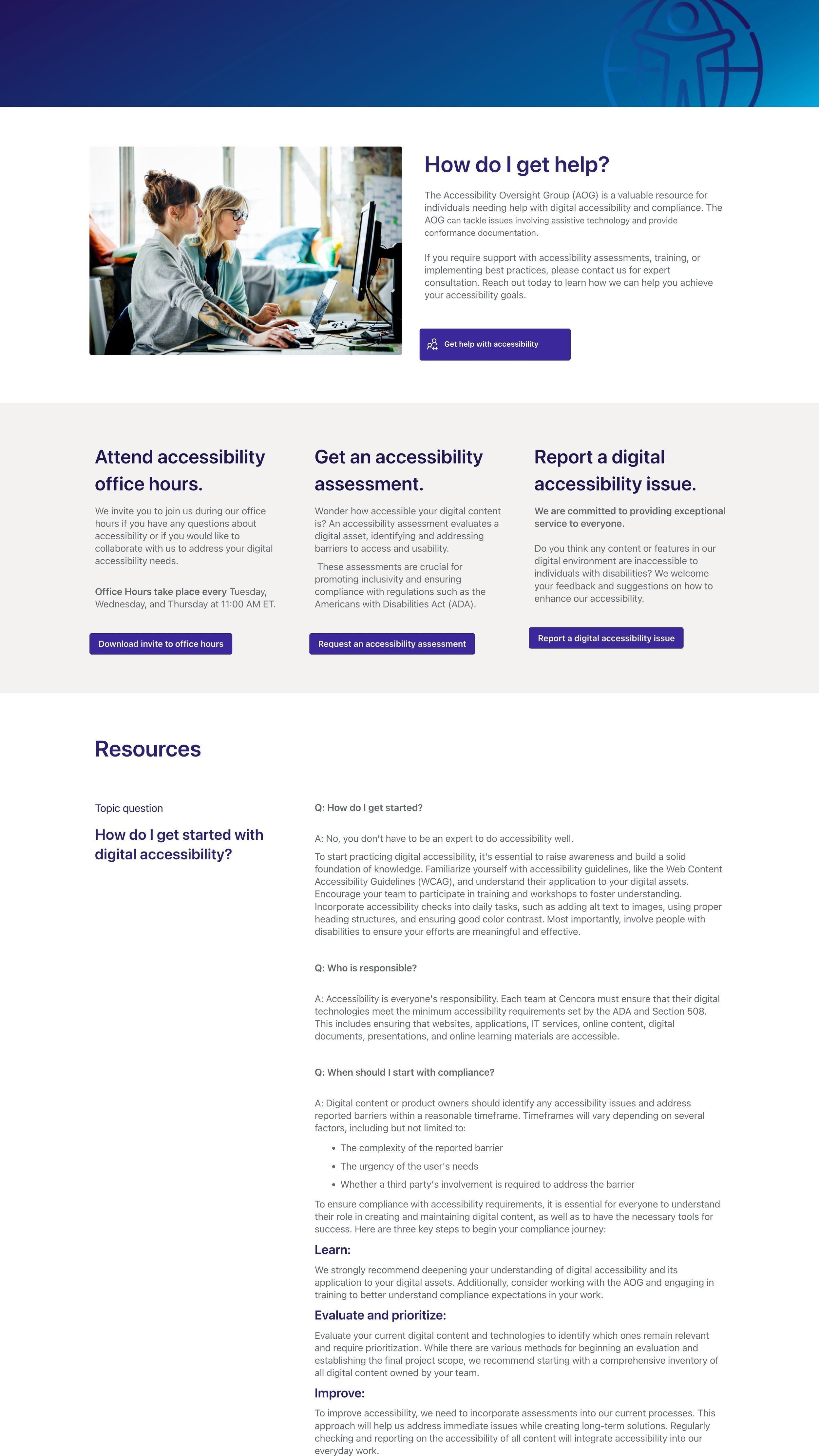 Accessibility Hub website page about getting guidance and help