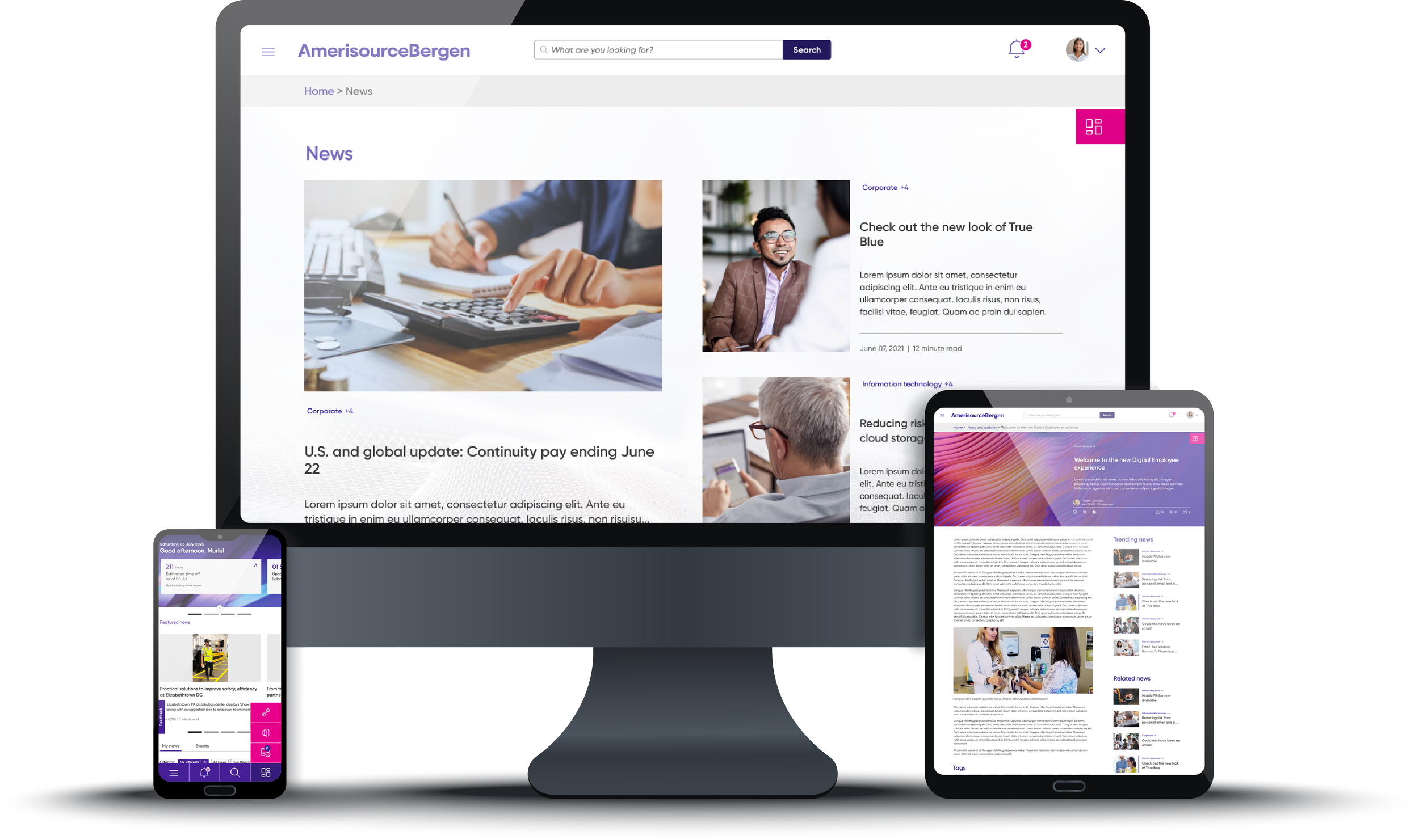 A digital mockup displaying the intranet platform across three devices