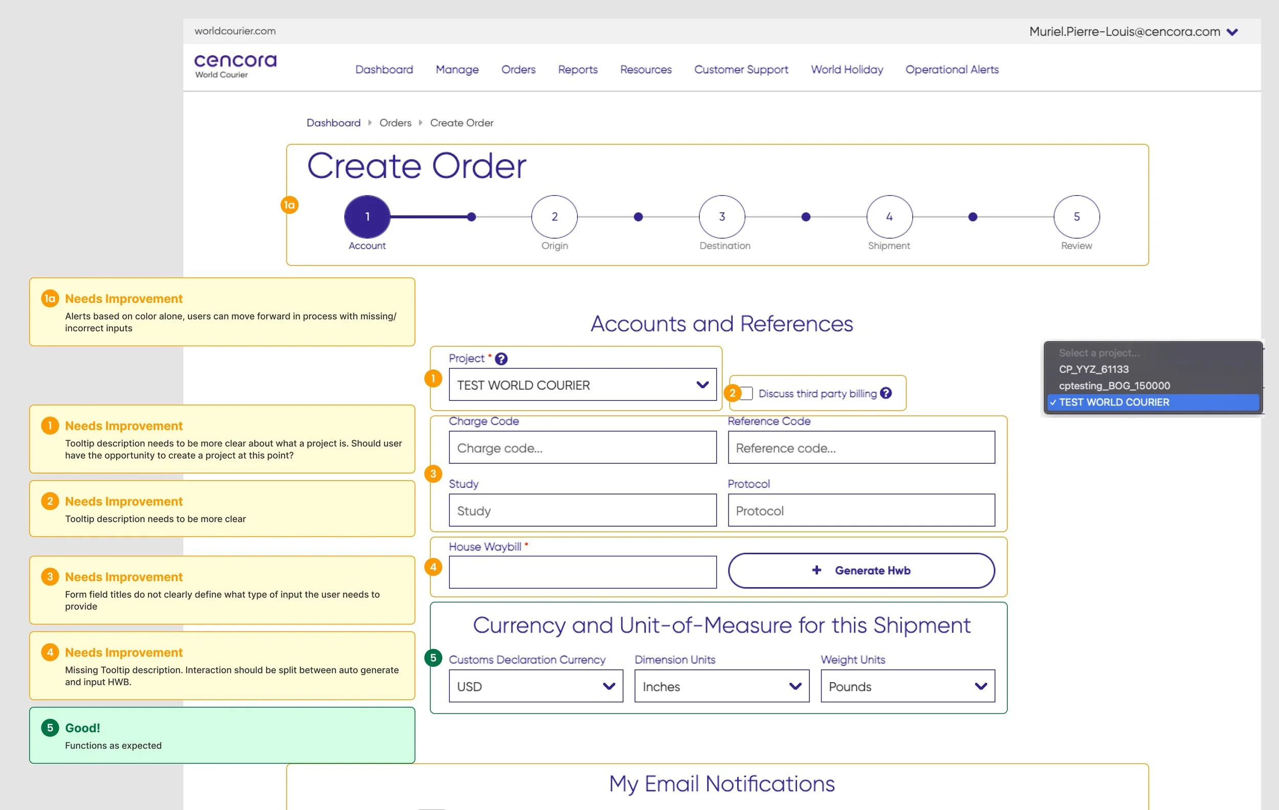 Overview of the UI audit for the create order page