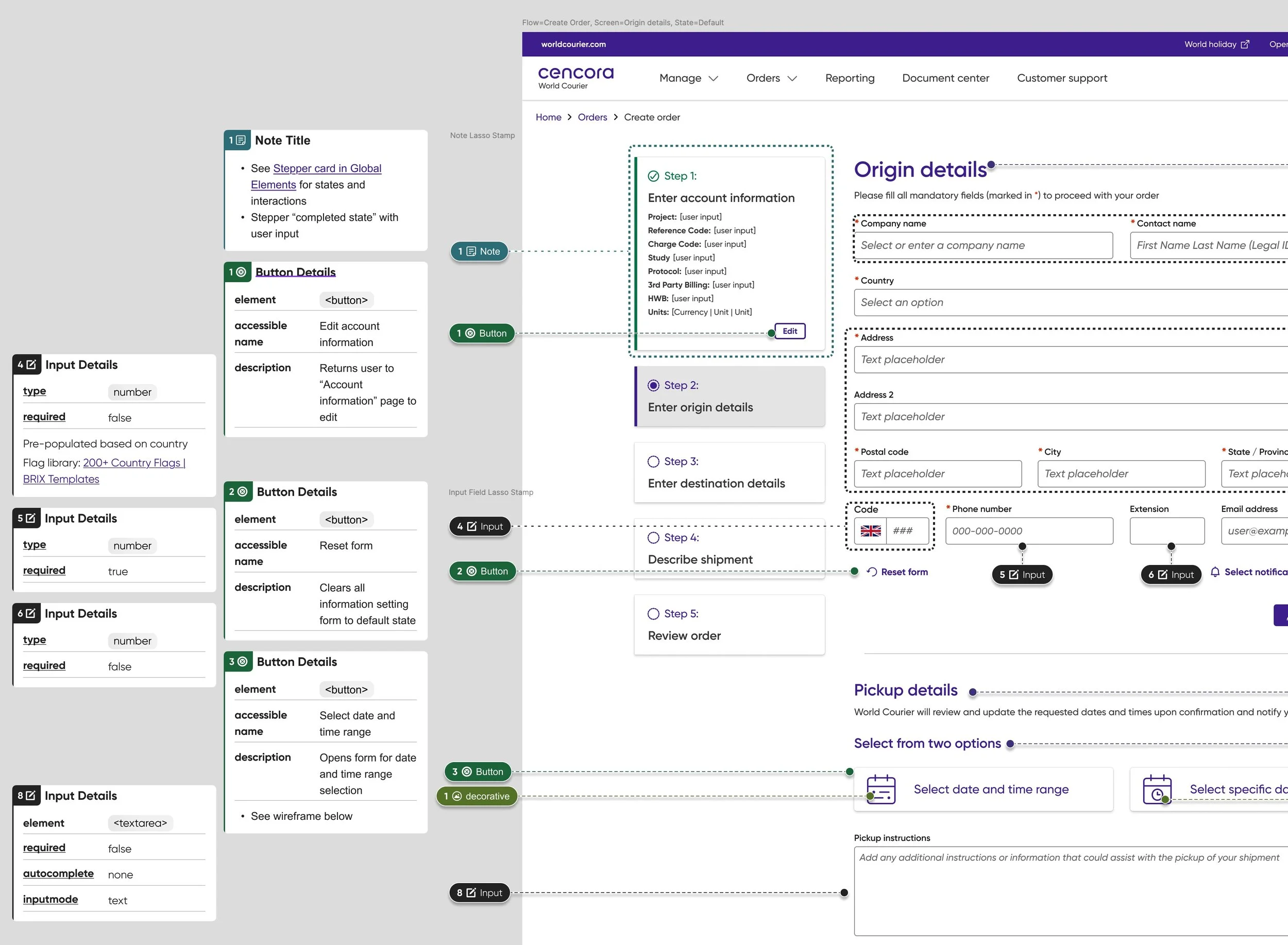 Final design of the order page, complete with accessibility annotations.