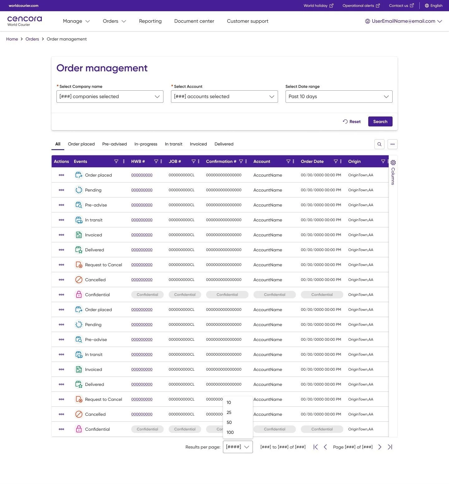 Final design of the order management dashboard for the customer portal.