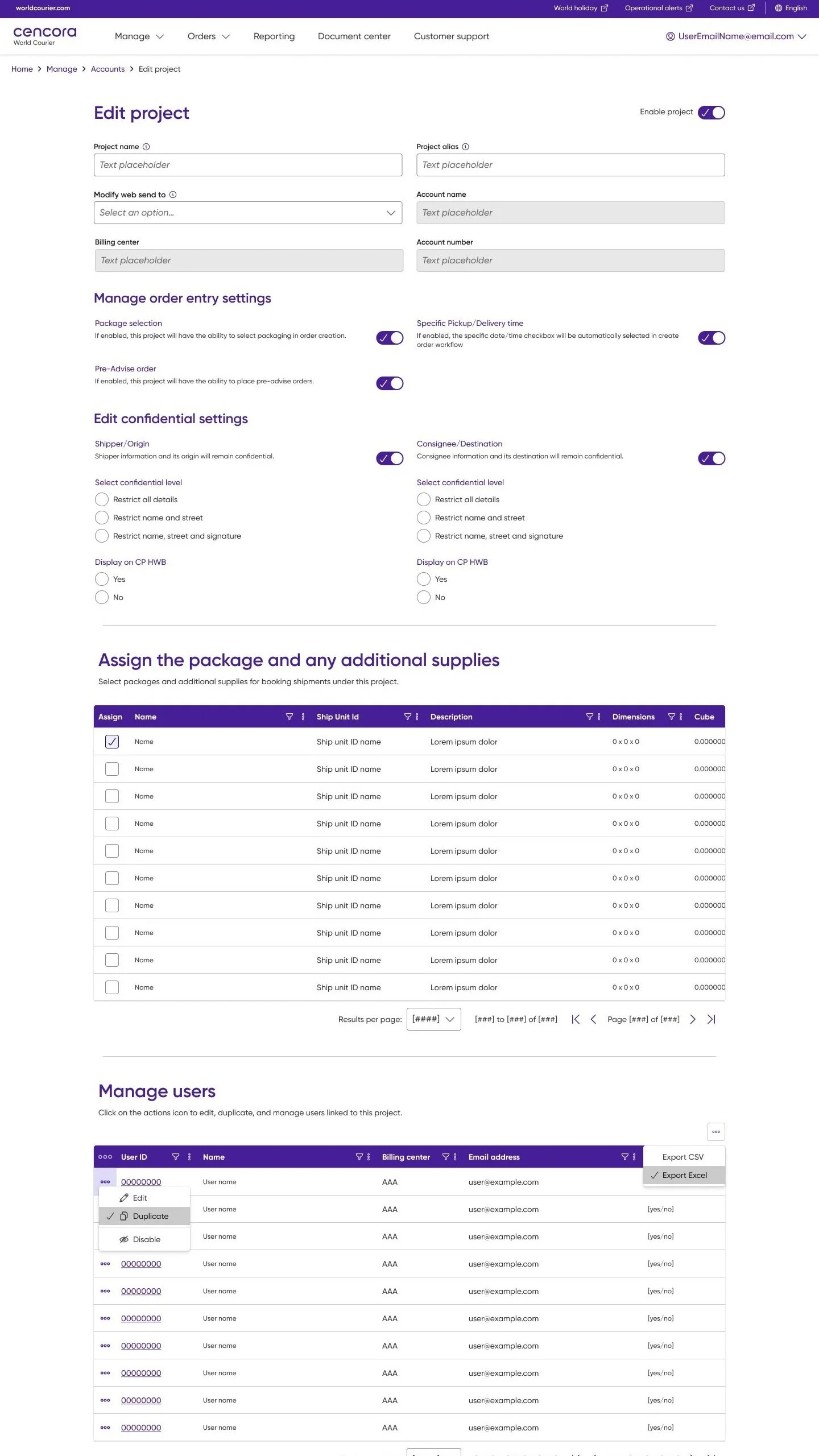Final design of the manage account page