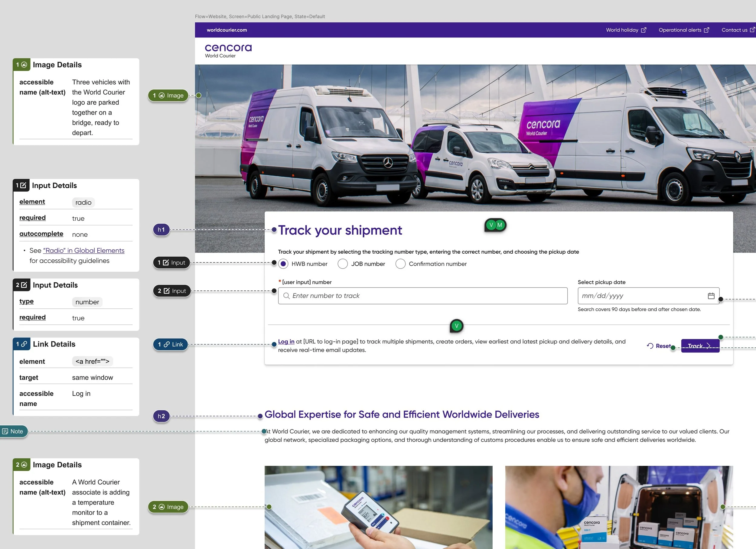 Final design of the landing page, complete with accessibility annotations
