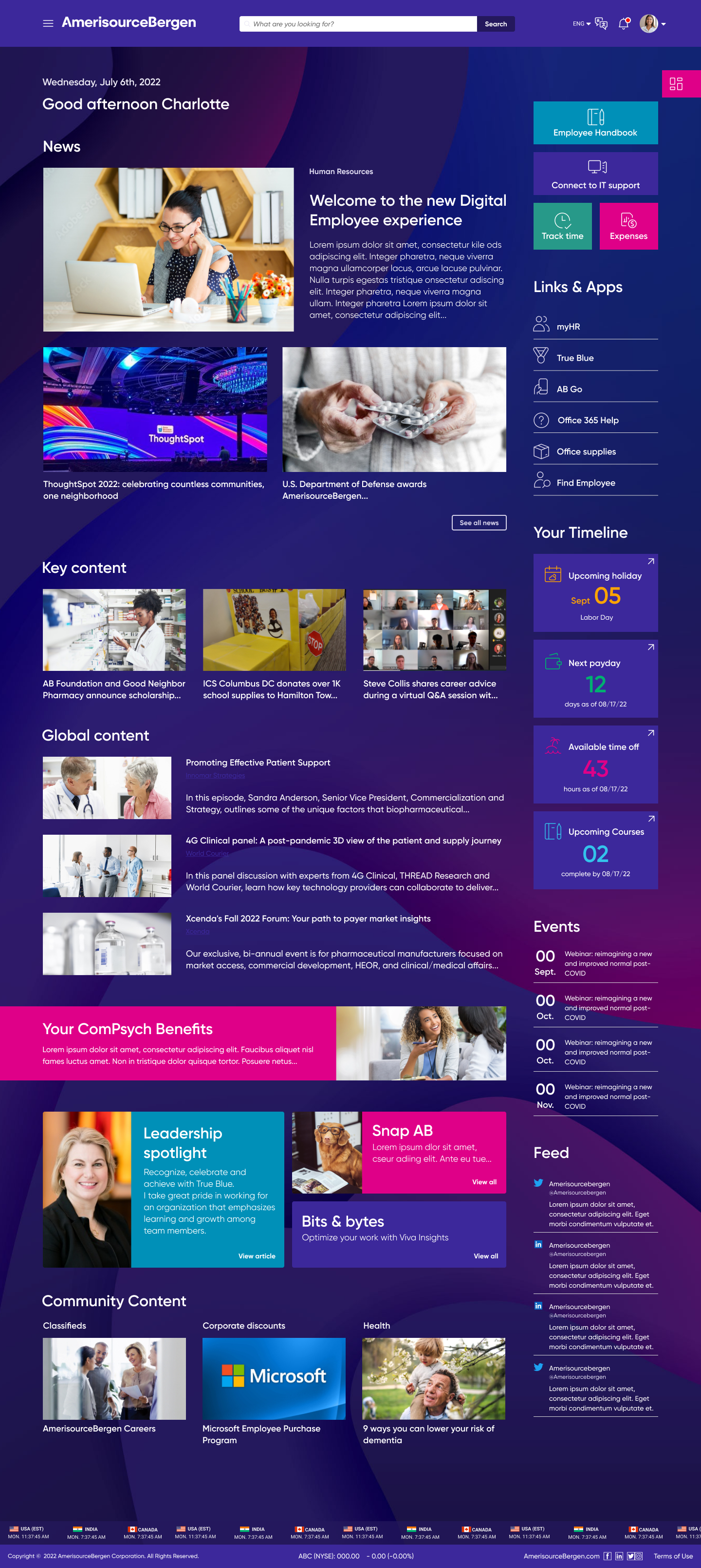 Initial design of the intranet homepage in dark mode