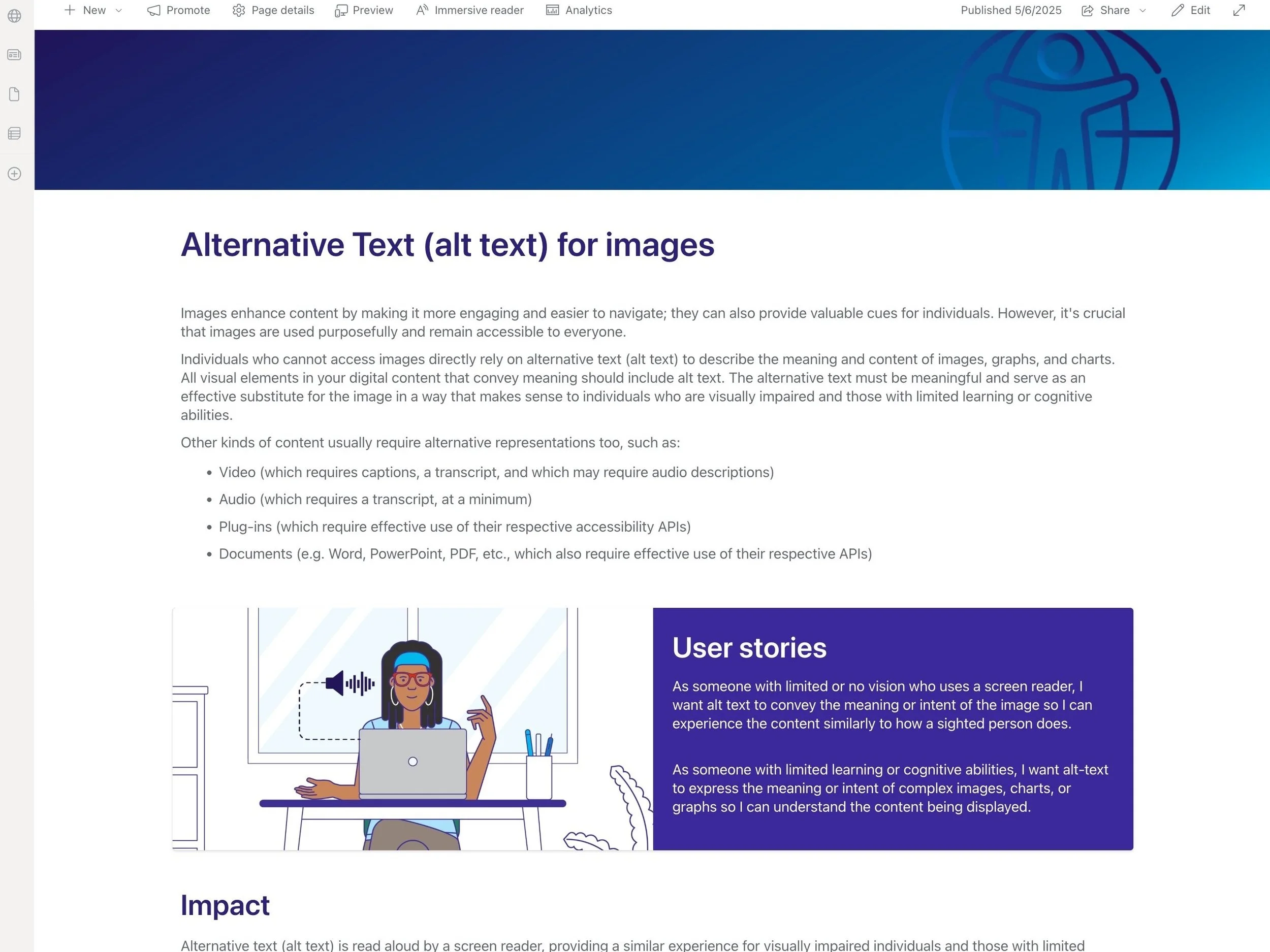 Accessibility Hub website page about alternative text