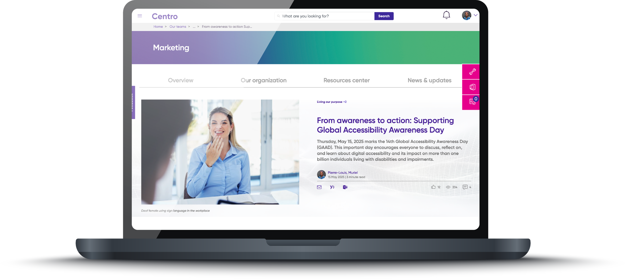Laptop screen showing Global Accessibility Awareness Day article featured on the employee intranet