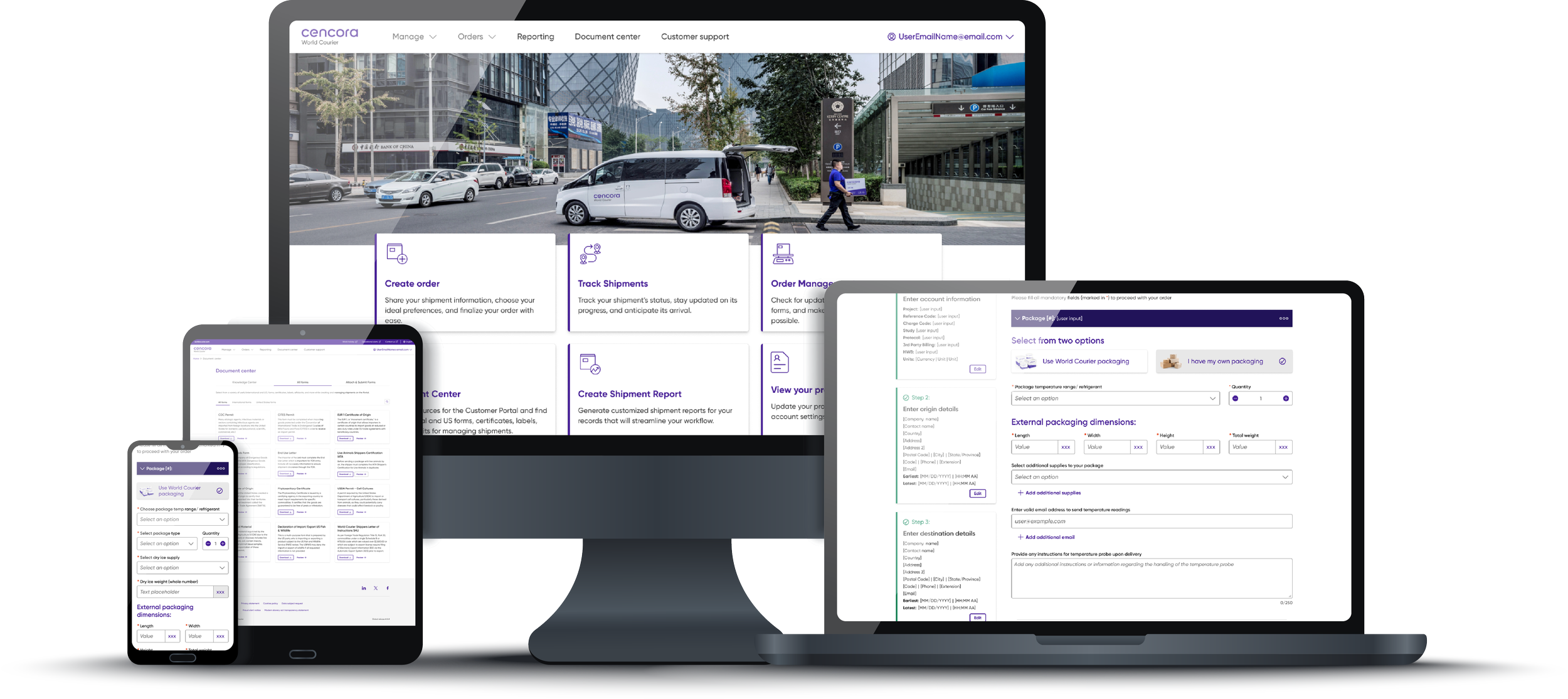 A digital mockup displaying the Cencora World Courier platform interface across four devices