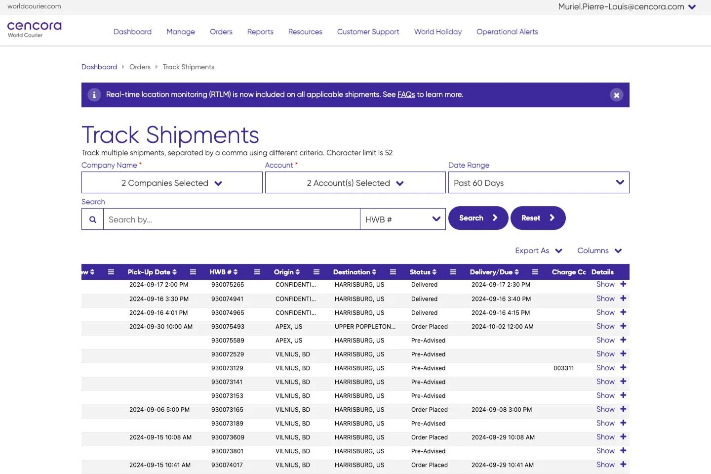 The webpage for tracking shipments on the Customer Portal