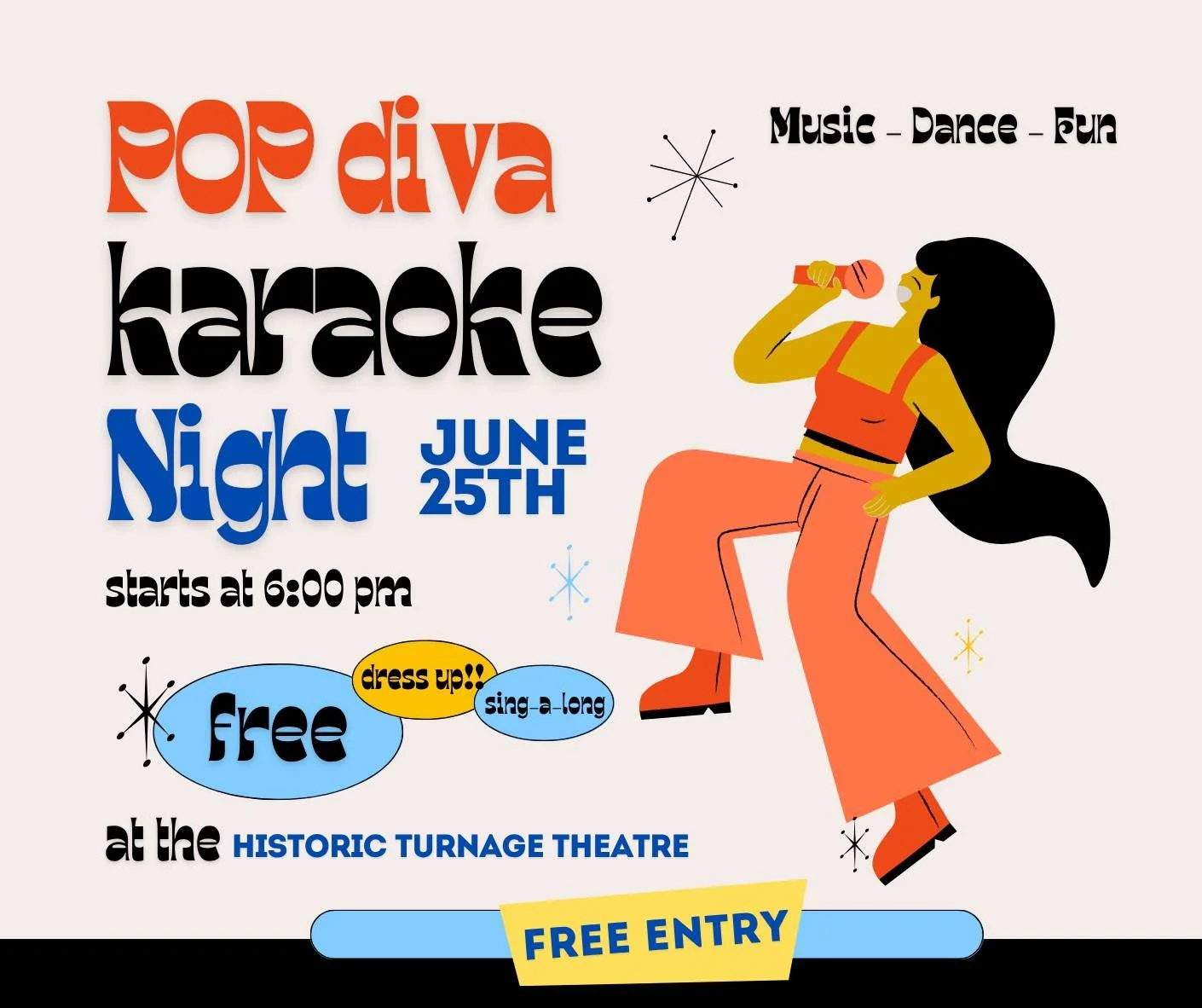 🎤✨ Calling all pop stars in disguise! ✨🎤
Get ready for a night of glitz, glam, and karaoke chaos at the Historic Turnage Theatre!
📅 Wednesday, June 25
🕕 6:00 PM
📍 Turnage Theatre, 150 W. Main St, Washington, NC
Join us for Pop Diva Karaoke, h