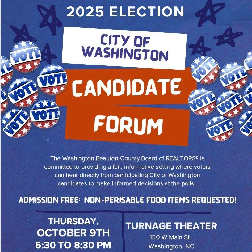 🗳✨ Make your voice count this election season!
Join us for the City of Washington Candidate Forum on Thursday, October 9, from 6:30–8:30 PM at the historic Turnage Theatre.
Hear directly from participating city council candidates as they sha