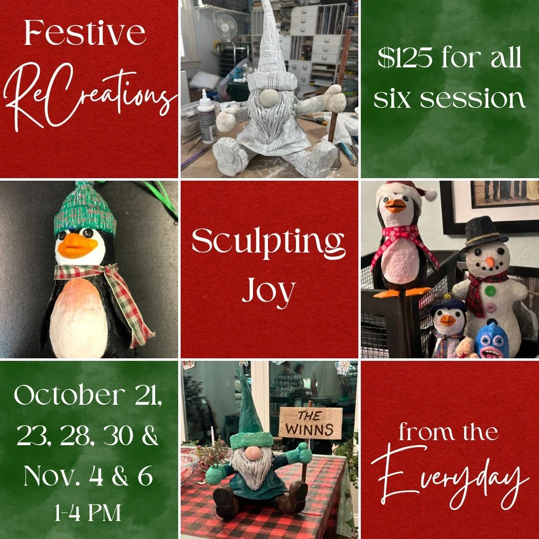 🎉 Final Reminder: Last Call to Sign Up!
Festive ReCreations: Sculpting Joy from the Everyday
with Nancy Winn starts Tuesday, Oct 21 • 1–4 PM
Turn everyday plastic into something magical across six hands-on sessions (Oct 21, 23, 28, 30 &