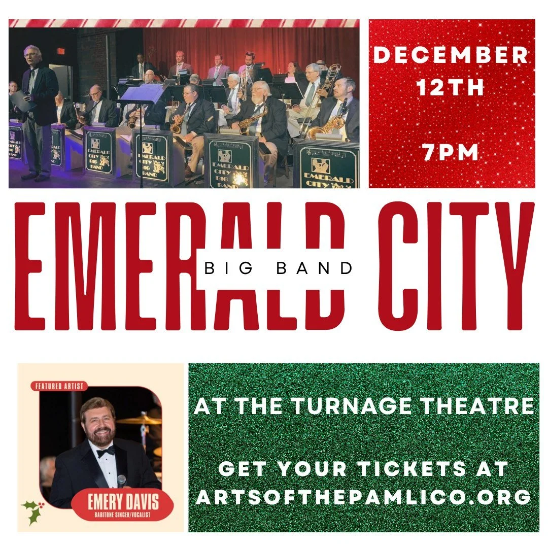 🎷✨ A Swingin’ Holiday Celebration! ✨🎷
The Emerald City Big Band returns to the Turnage Theatre for a night of timeless tunes and festive cheer! 🎄
📅 Thursday, December 12 | 7:00 PM
📍 Turnage Theatre, Washington, NC
This 18–22 piece
