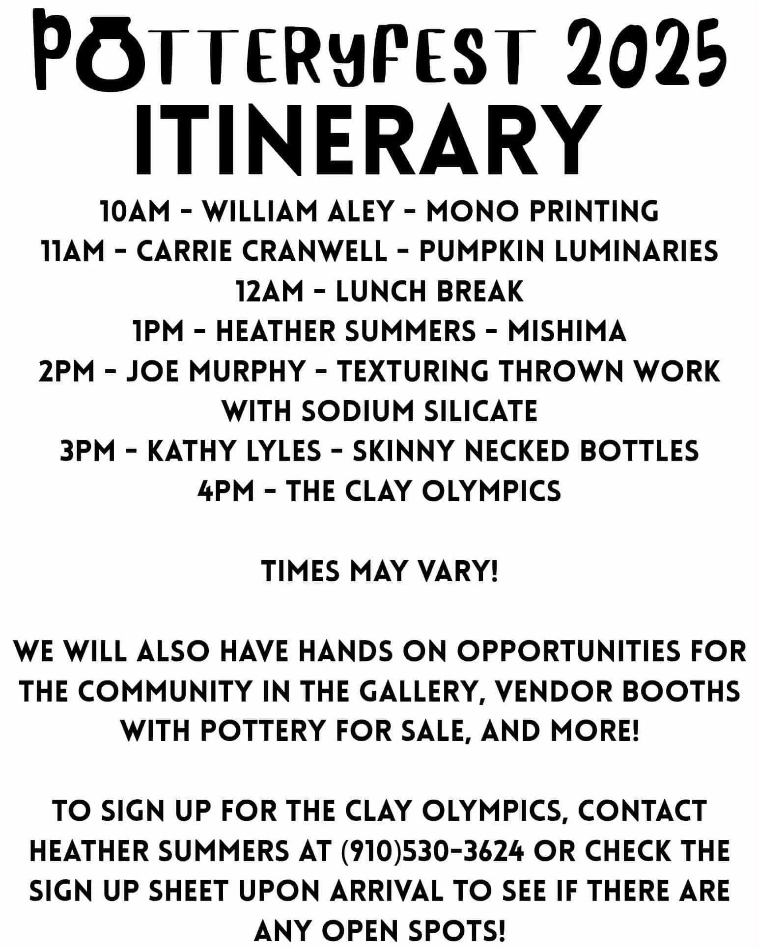 1 day to go! 🏺✨

The 2nd Annual Pottery Fest is tomorrow at the Turnage Gallery!

🎉 Enjoy live pottery demos, the Clay Olympics, local vendors, and hands-on fun for all ages.
🆓 FREE admission &mdash; come celebrate our amazing local potters and th