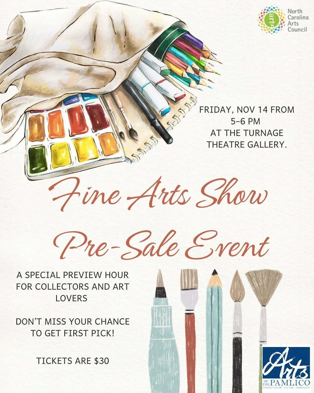 ✨ Exclusive First Look!

Join us for the Fine Arts Show Pre-Sale Event at the Historic Turnage Theatre. Be among the first to view &mdash; and purchase &mdash; incredible works from talented local and regional artists before the public opening!

Enjo
