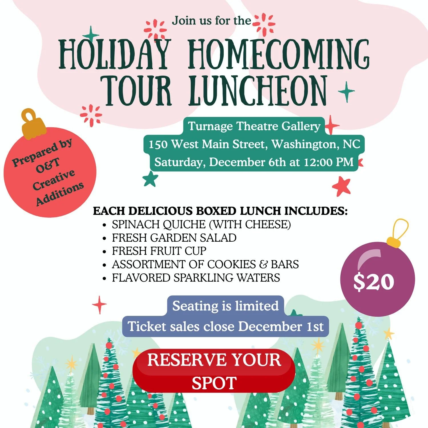 ✨ Planning to attend the Holiday Homecoming Tour?
Add our Holiday Luncheon for a perfect start to your day!

Fresh quiche, salad, fruit, cookies &amp; more &mdash; all prepared by O&amp;T Creative Additions.

⏰ Deadline: December 1st
🎟️ Limited seat