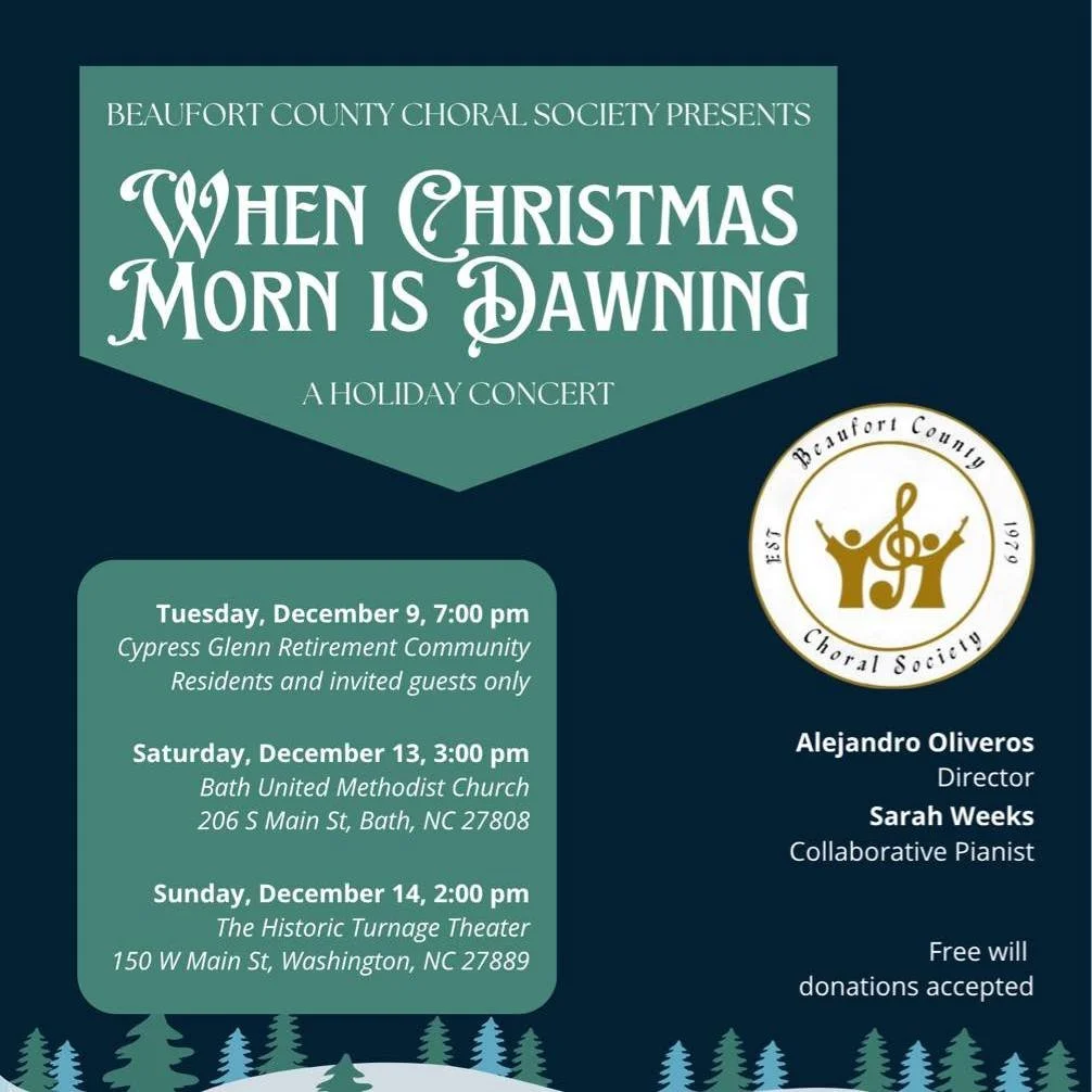 ✨ Celebrate the season in song!
 The Beaufort County Choral Society returns to the Turnage Theatre for their annual Winter Concert next Sunday, December 14 at 2 PM.

 The Beaufort County Choral Society returns to the Turnage Theatre for their annual 
