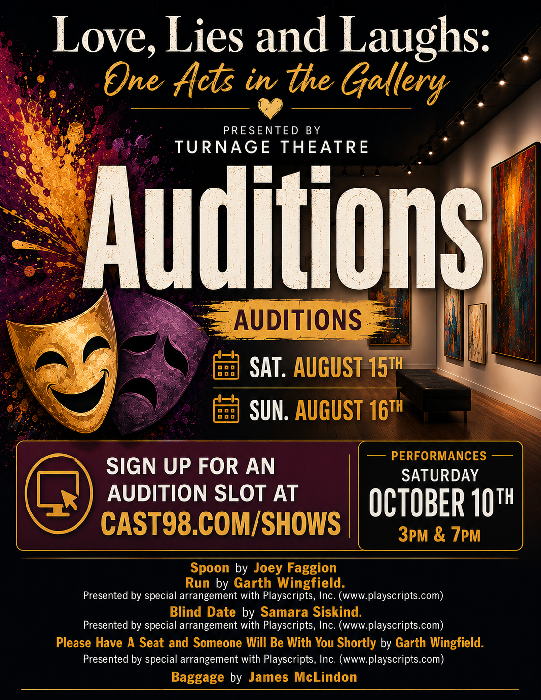 Auditions: "Love, Lies and Laughs ~ One Acts in the Gallery"