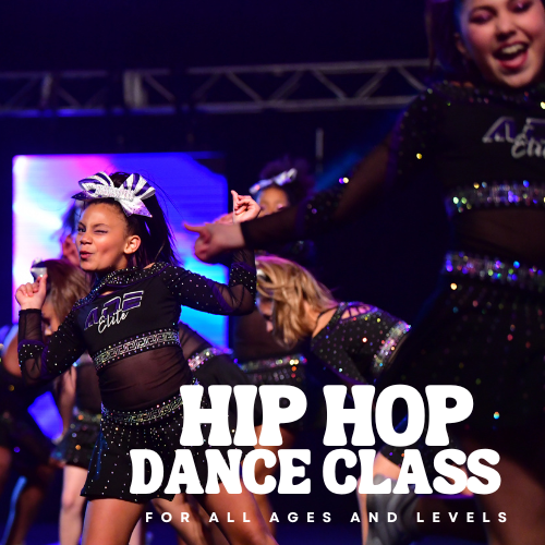 Young girls in hip hop dance costumes performing on stage with a TV screen in the background, promoting a hip hop dance class for all ages and levels.