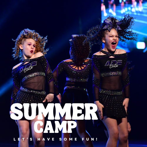 Three young girls performing a dance routine on stage during a summer camp event, wearing black and sparkly dance costumes with large hair bows.