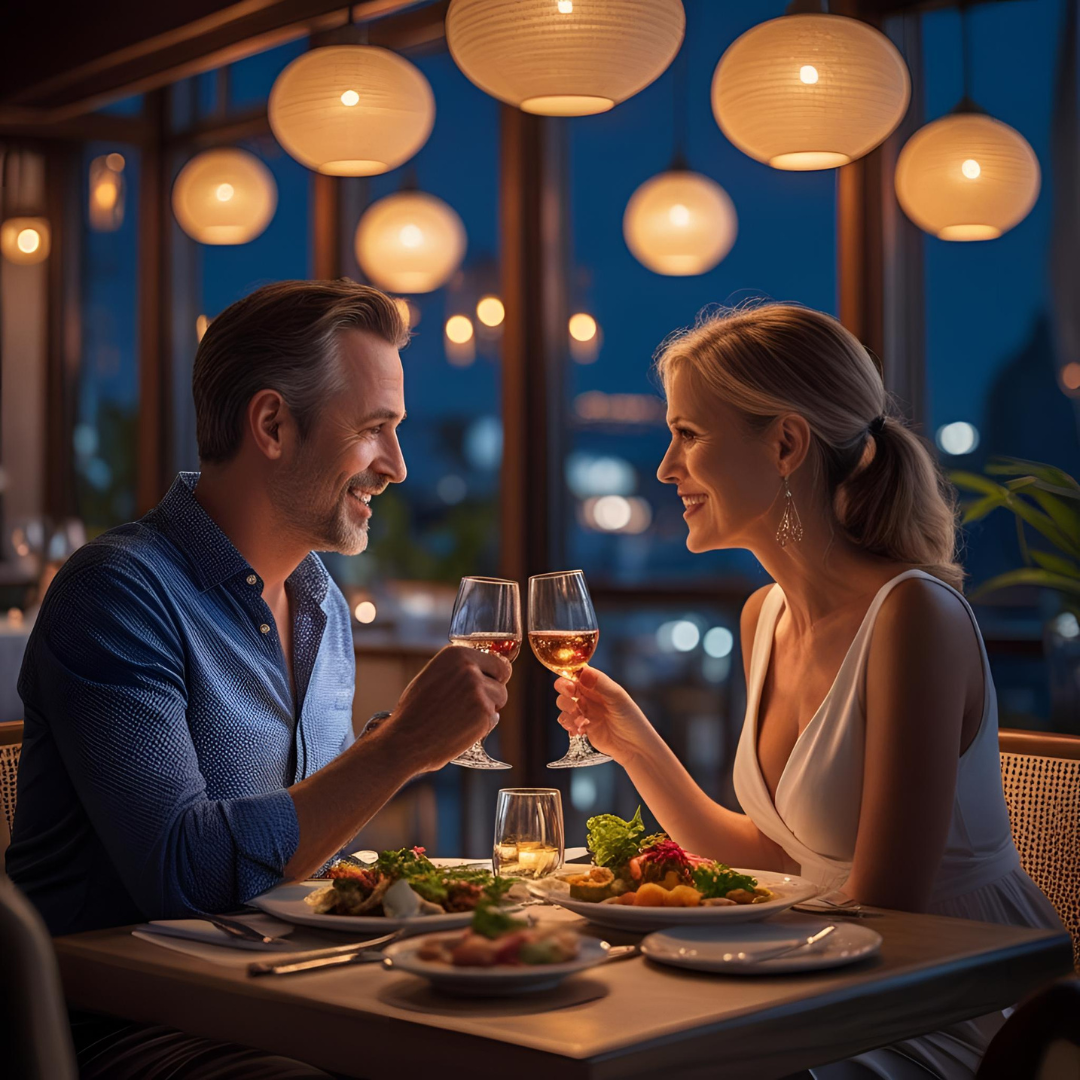 A man and woman enjoying a romantic dinner in a warmly lit restaurant, clinking glasses of rosé wine, with plates of food on the table.