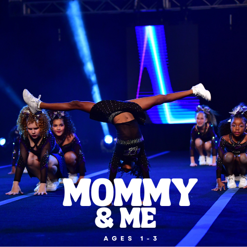 Young girls in dance costumes performing a cheerleading stunt with a girl doing a handstand in the center, on a stage with a digital background. Text overlay says "Mommy & Me Ages 1-3." ADE ELITE ATHLETICS