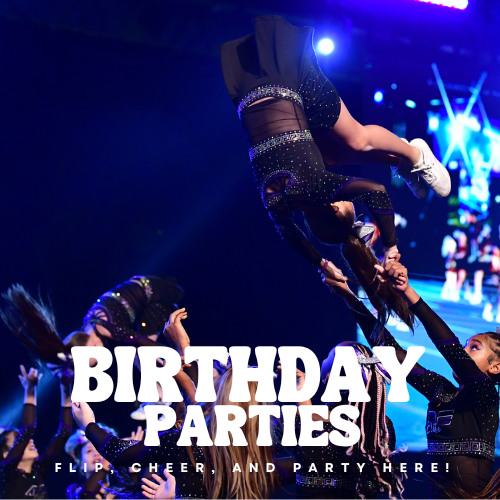 Cheerleaders performing a stunt at a birthday party celebration with bright stage lighting.