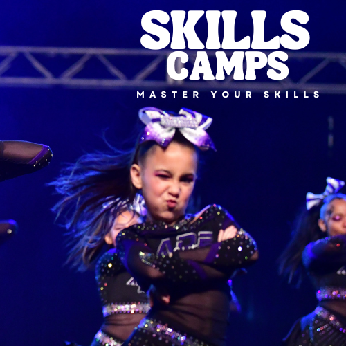 Young girl with a large bow in her hair, arms crossed, making a confident face at a skills camp event, with other children in similar outfits in the background. ADE ELITE ATHLETICS