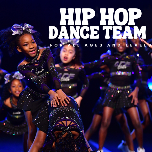 Children in black glittery hip hop dance costumes performing on stage with stage lighting.