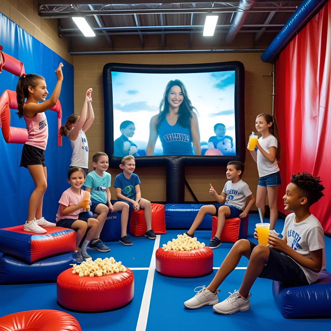 Children watching a virtual dance instructor on a large screen at an indoor trampoline park, sitting on soft foam pads and eating popcorn and snacks.