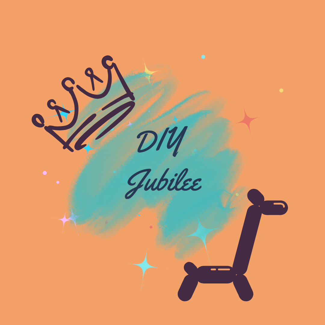 Illustration of a crown and a balloon dog with the text 'DIY Jubilee' on a blue splash background, with stars on an orange background.