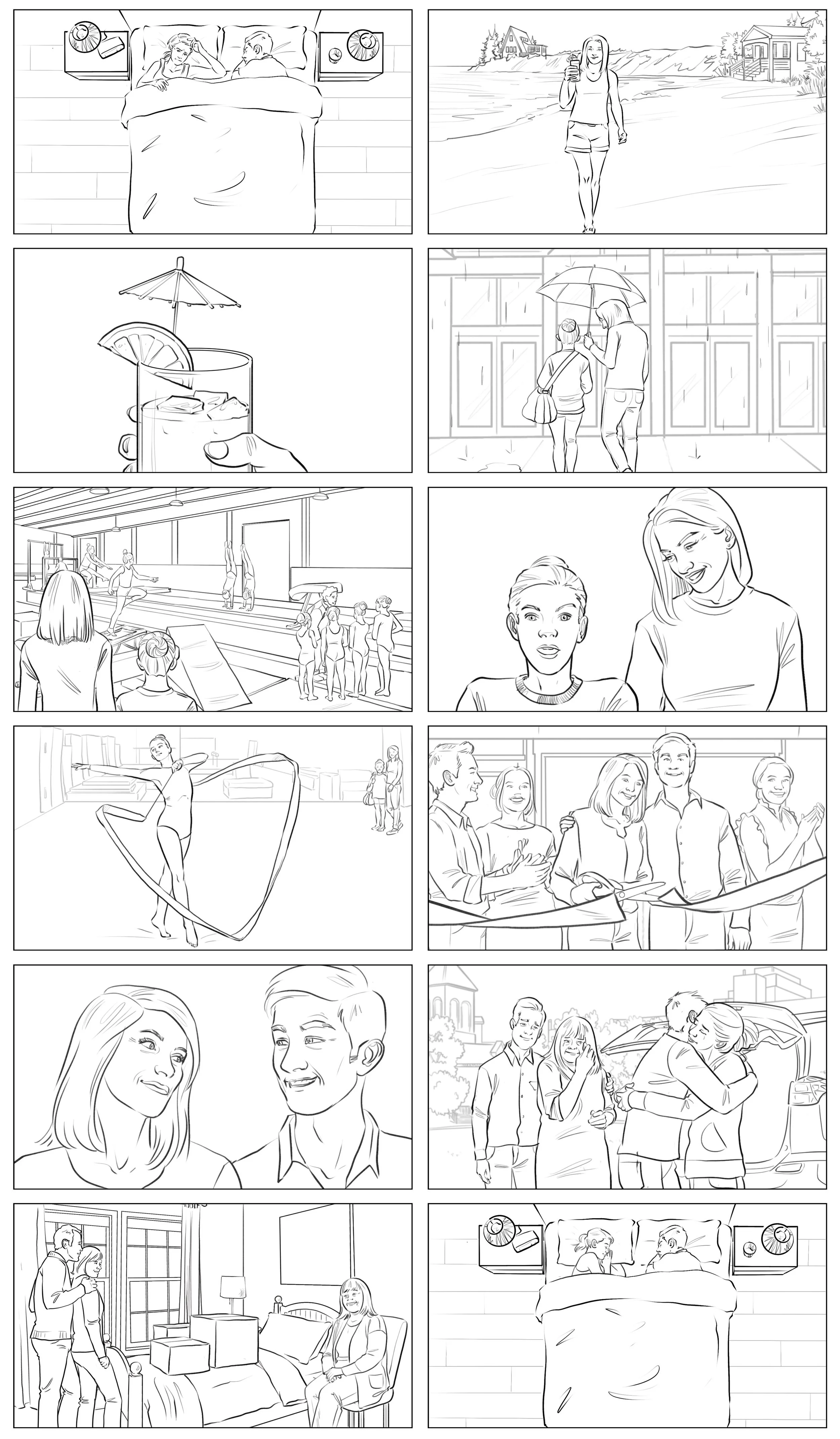 Black and white comic-style illustrations depicting various scenes of people: two sleeping in bed, a woman walking on the beach, two people under an umbrella at a cafe, yoga or dance class, women chatting, a woman dancing in a heart-shaped pose, a gr