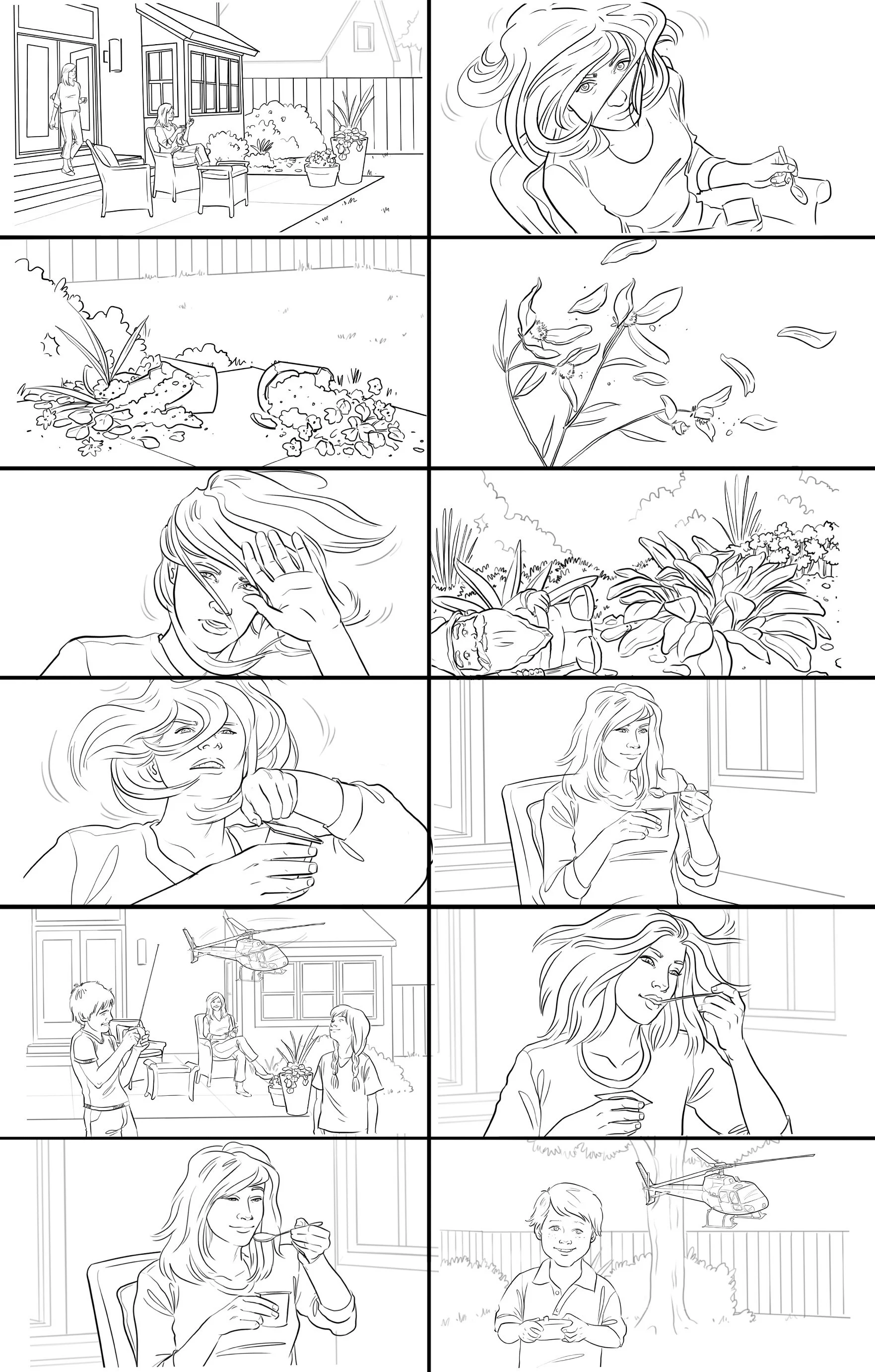 A series of black-and-white line drawings depicting a girl spending time outdoors and indoors, encountering a bird, and interacting with family and friends.