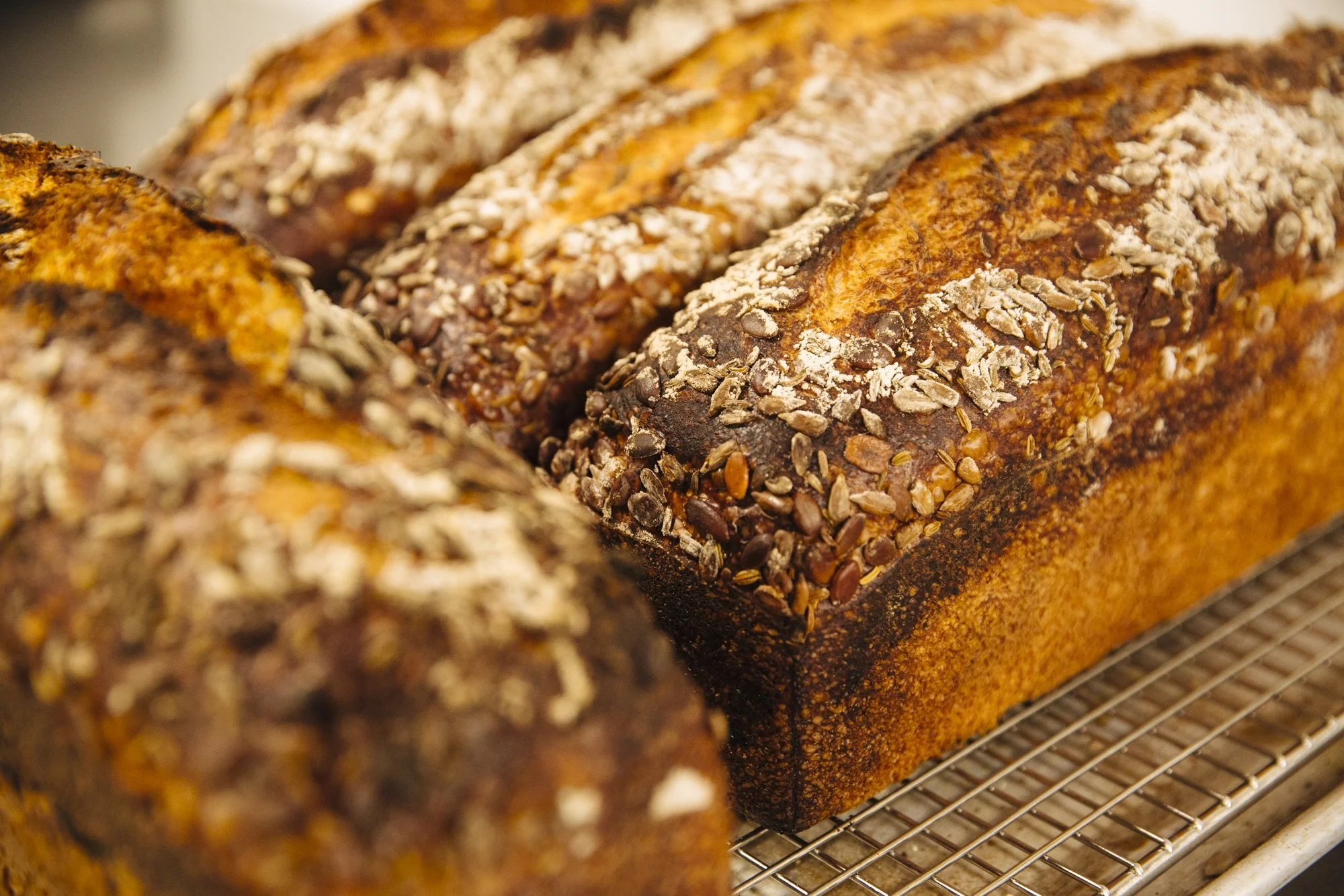 Close-up of freshly baked loaf bread with a crust covered in oats and seeds, cooling on a wire rack.