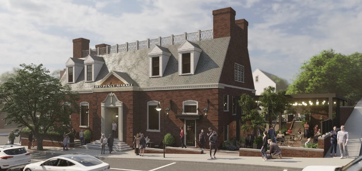 A 3D-rendered illustration of a historic brick building labeled Two Pence Market, with a tree in front, outdoor seating area with string lights to the right, and people walking and sitting around in a downtown area.