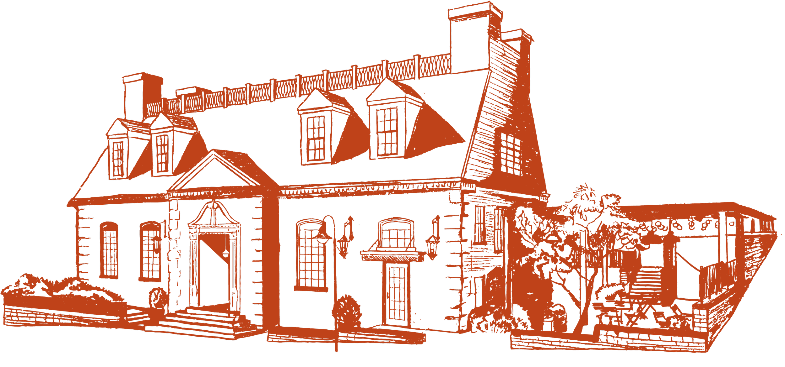 Illustration of a large house with a tower, multiple windows, and a front porch, surrounded by trees and bushes.