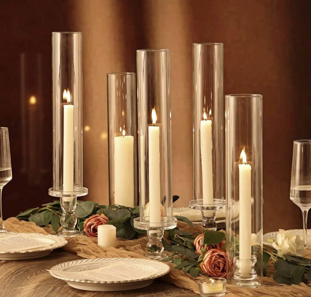 14" Taper Candle Glass Chimney 14"Hx2,5"D with candle holders