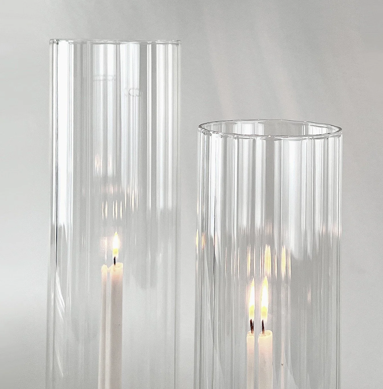 14" Taper Candle Pleated Glass Chimney 14"Hx3"D with candle holders