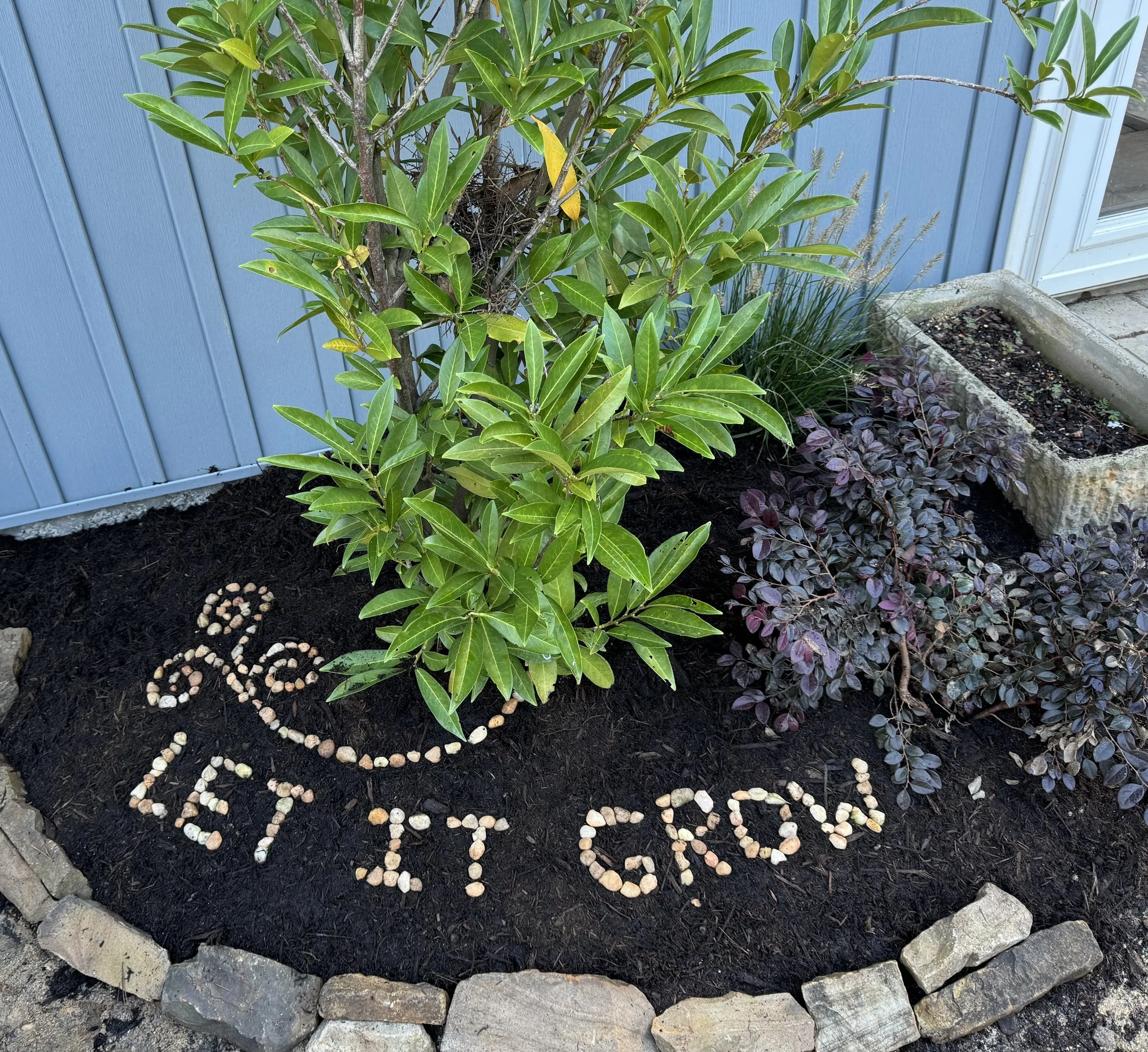 A garden bed with green and purple plants surrounded by a stone border, with the words "Be the LIGHT" spelled out on the dark soil using small light-colored rocks.