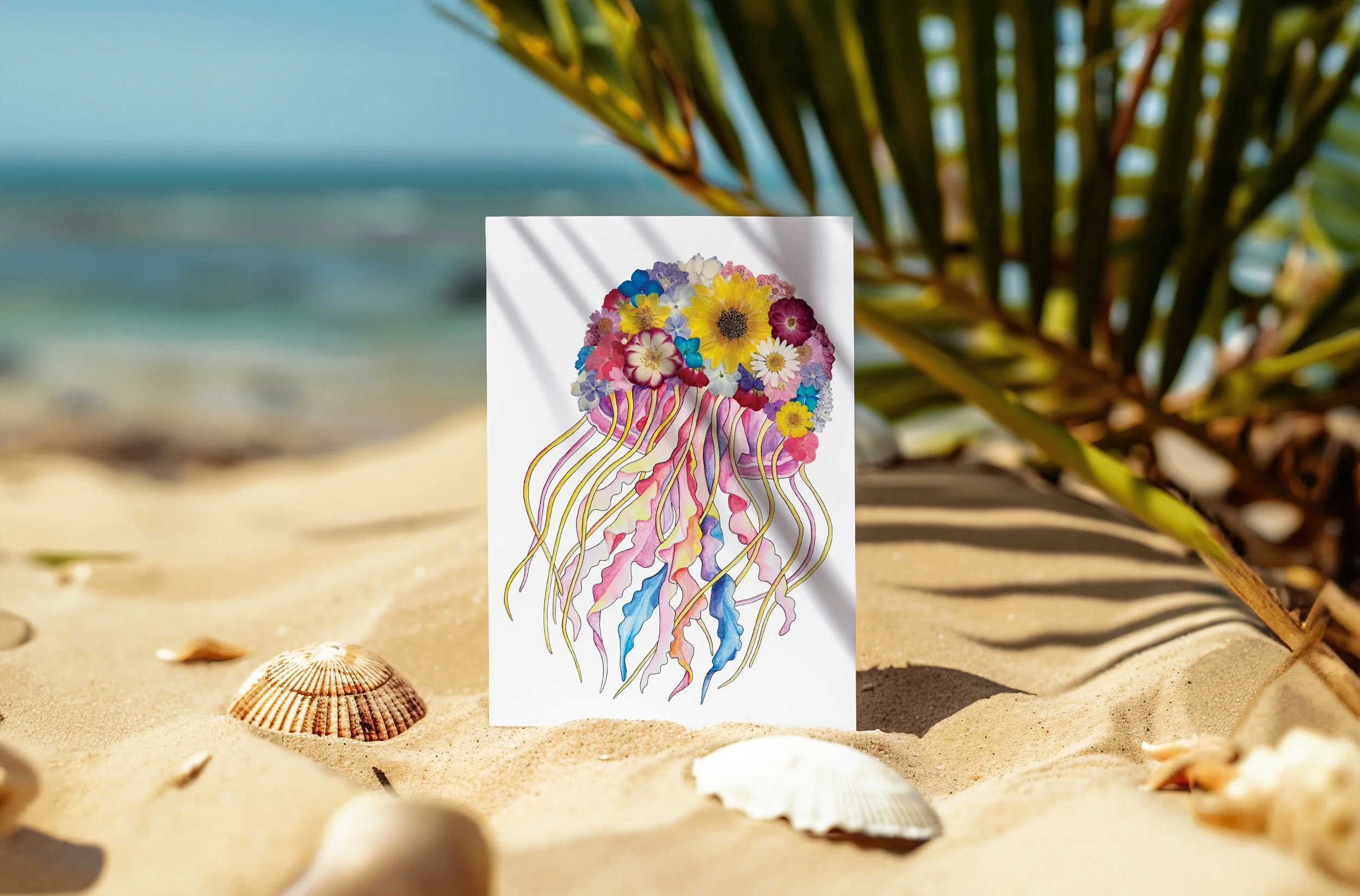 A painting of a jellyfish made of colorful flowers on white paper, set on sandy beach with seashells, palm leaf, and ocean in background.